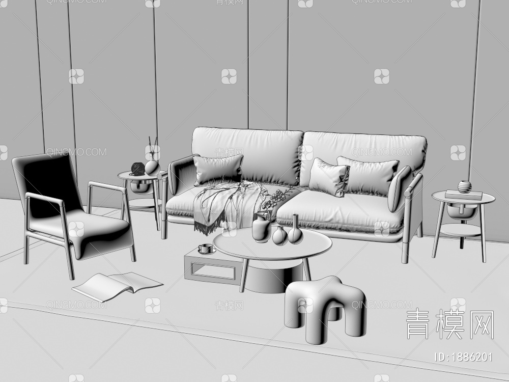 沙发茶几组合，单椅，凳子3D模型下载【ID:1886201】