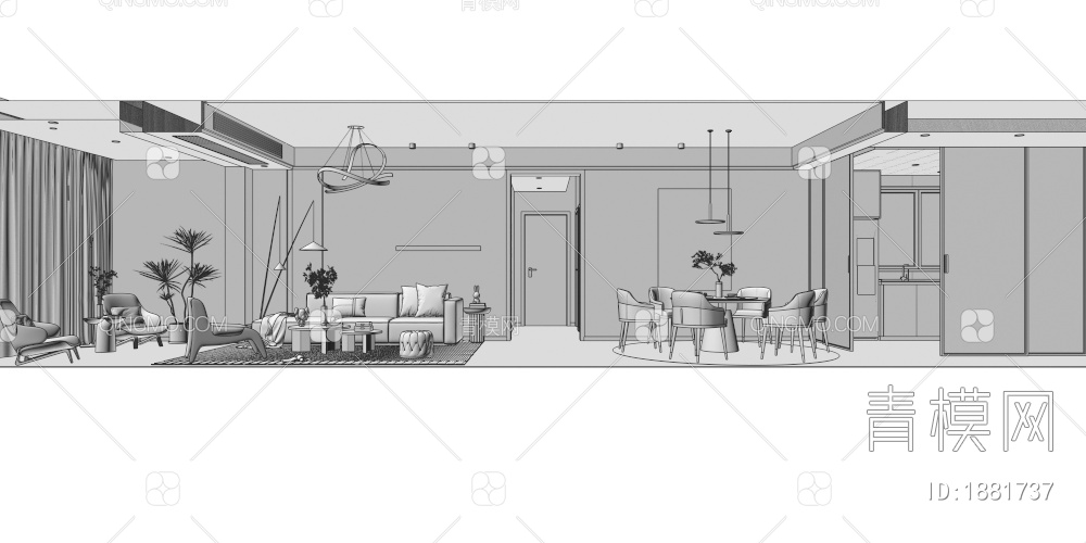 客餐厅，厨房，客厅，餐厅，电视背景墙，电视柜，酒柜，阳台，原木，阳台3D模型下载【ID:1881737】