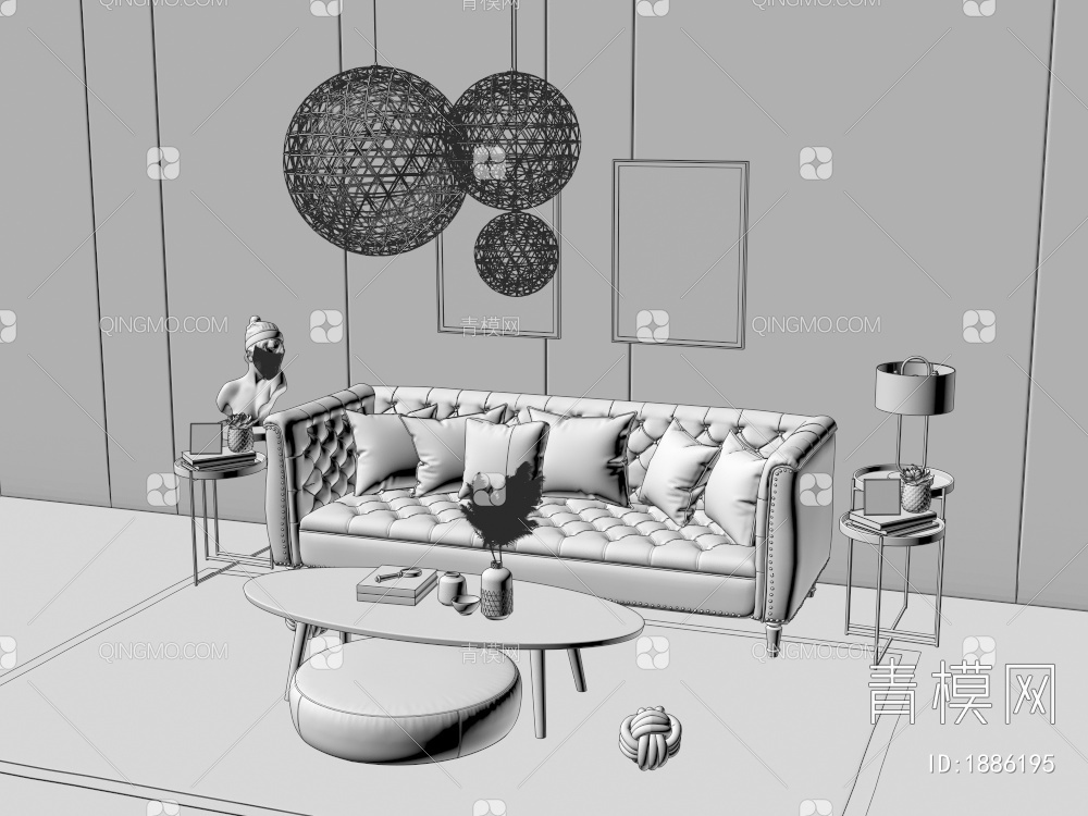 沙发茶几组合，镂空吊灯3D模型下载【ID:1886195】