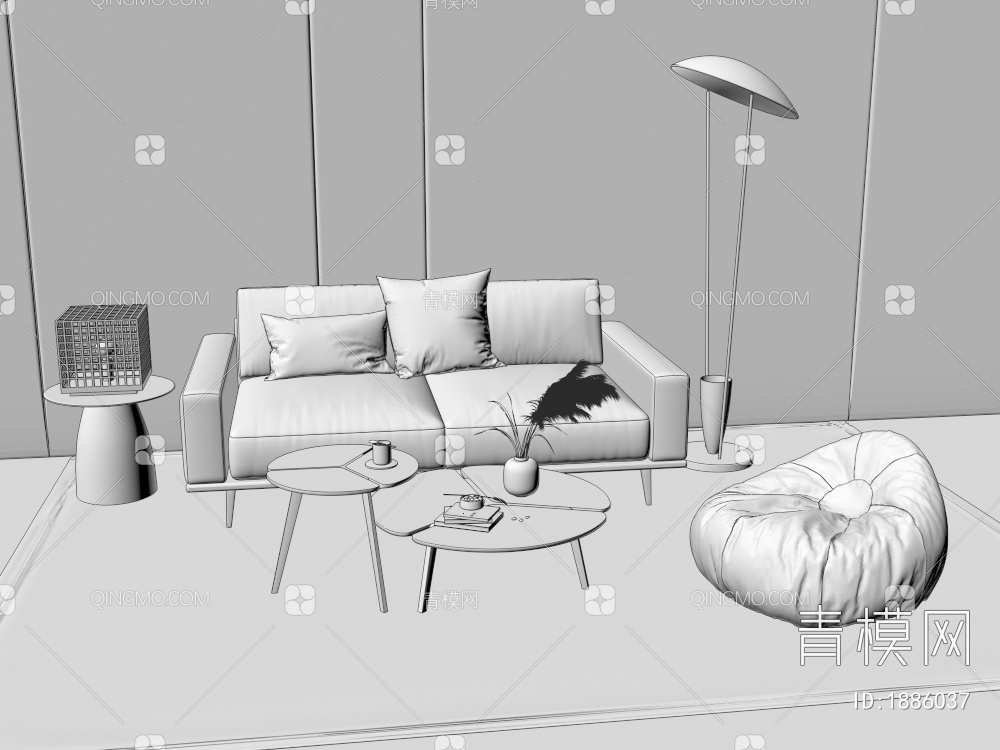双人沙发 沙发茶几组合，沙发，单椅，凳子，茶几，落地灯3D模型下载【ID:1886037】