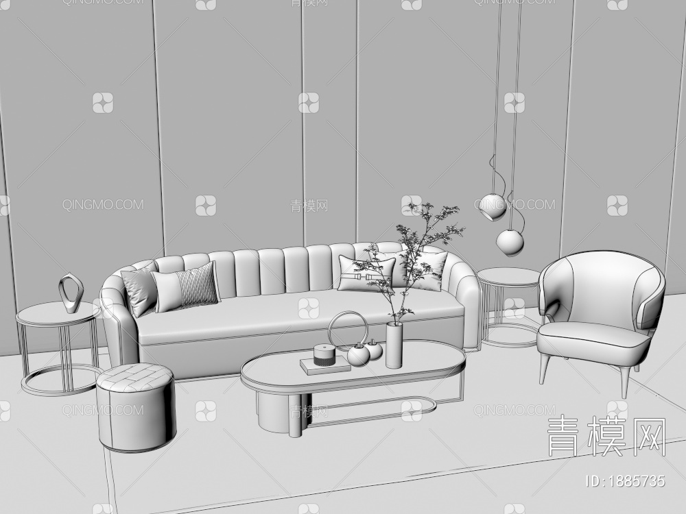 沙发茶几组合，沙发，单椅，凳子，茶几，小吊灯3D模型下载【ID:1885735】