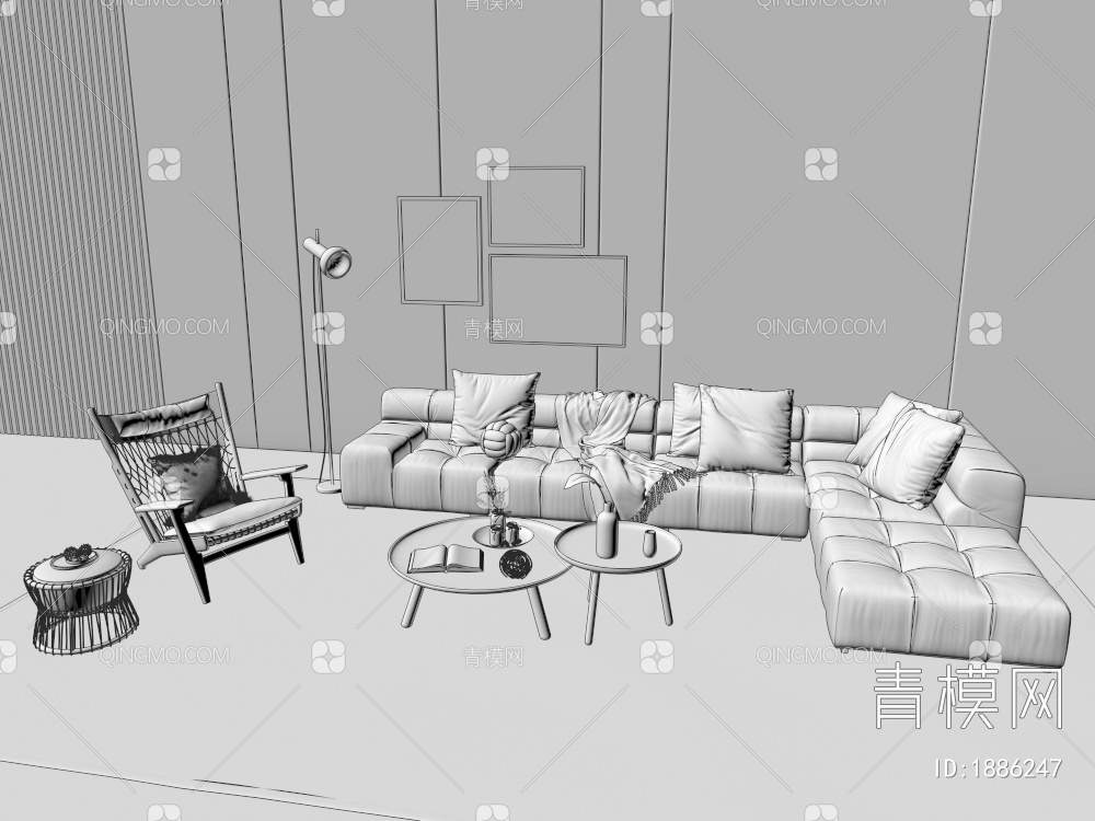 沙发茶几组合，单椅，凳子，落地灯3D模型下载【ID:1886247】