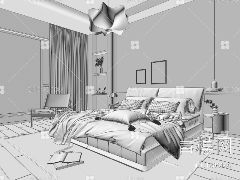 卧室 皮革双人床3D模型下载【ID:1883140】