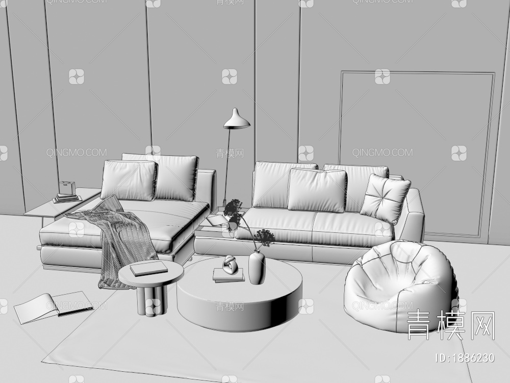 沙发茶几组合，单椅，凳子3D模型下载【ID:1886230】