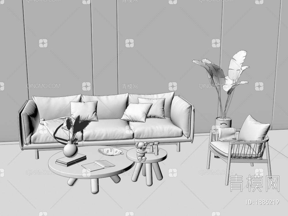 沙发茶几组合，单椅，凳子3D模型下载【ID:1886219】