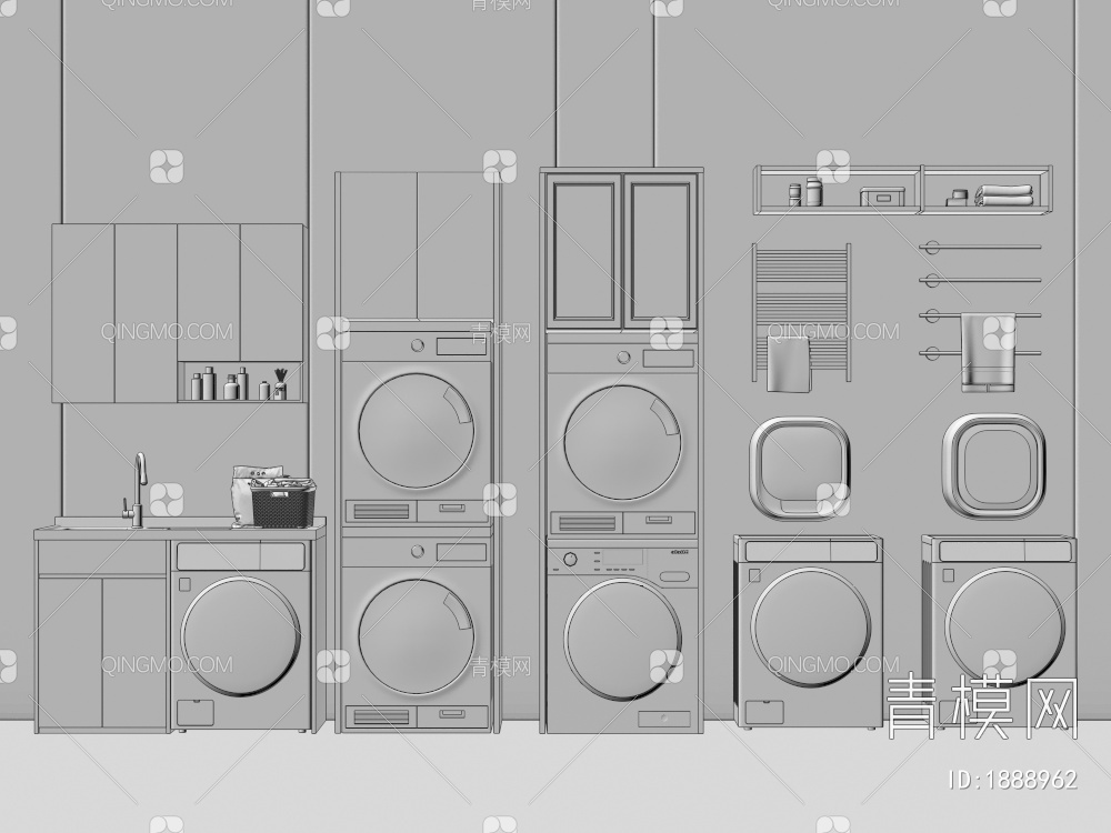 阳台洗衣柜，洗衣机，烘干机3D模型下载【ID:1888962】