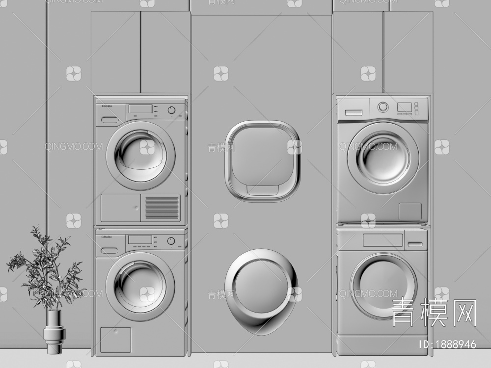 阳台洗衣柜，洗衣机，烘干机，壁挂洗衣机，洗烘一体机3D模型下载【ID:1888946】