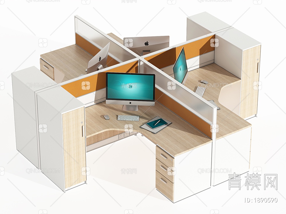 带衣柜十字型屏风工位，办公桌3D模型下载【ID:1890590】