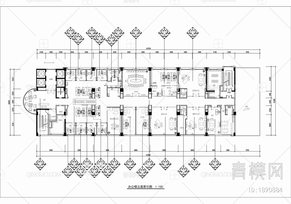 1000㎡办公室施工图 办公空间 开敞办公 会议室 办公楼 经理办公室【ID:1890884】