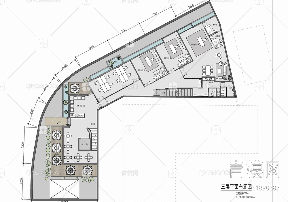 1200㎡办公室施工图 办公空间 开敞办公 会议室 办公楼 经理办公室【ID:1890887】