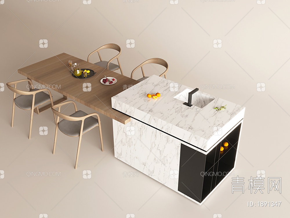 餐桌，岛台，吧台，吧台椅组合3D模型下载【ID:1891347】