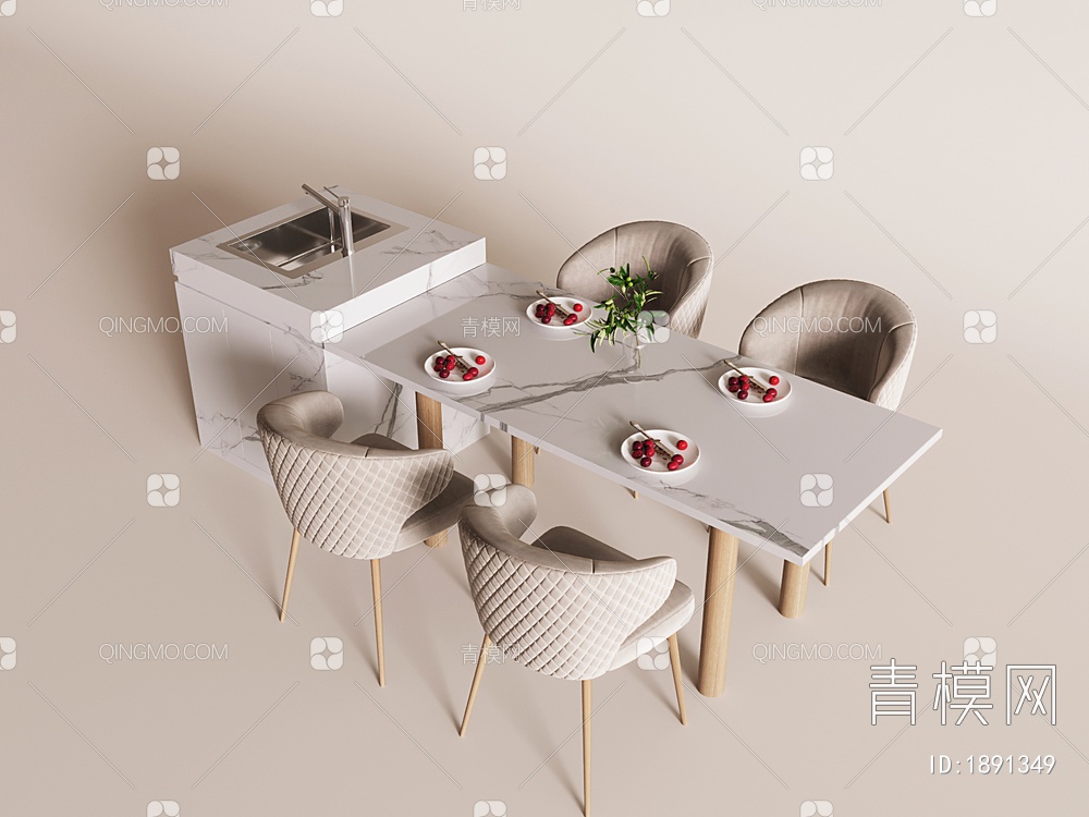 餐桌，岛台，吧台，吧台椅组合3D模型下载【ID:1891349】