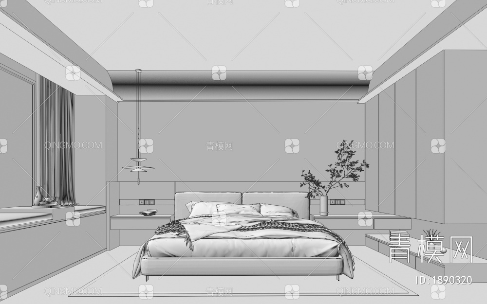 卧室 主卧 双人床 吊灯 绿植3D模型下载【ID:1890320】