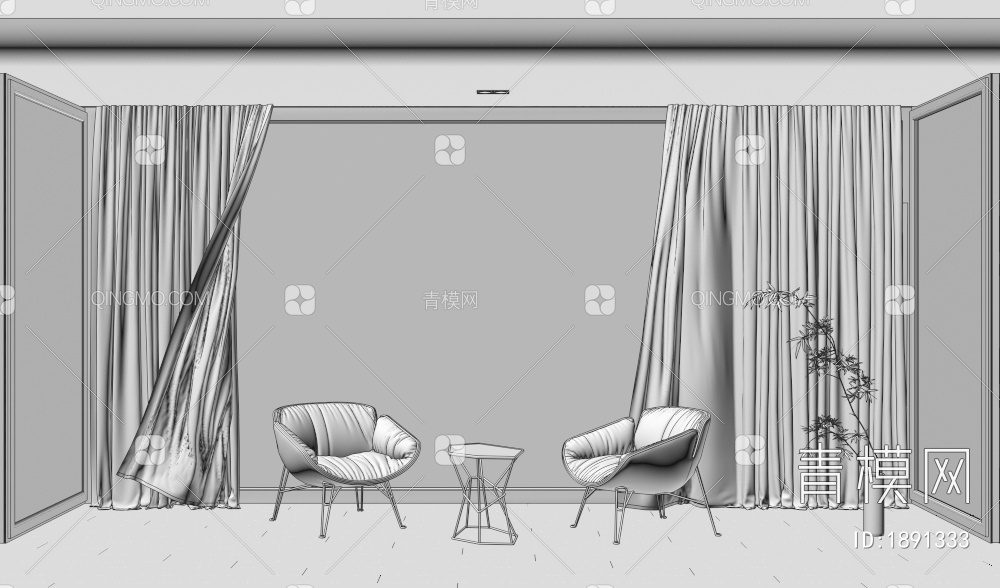 阳台，落地窗，休闲椅，窗帘3D模型下载【ID:1891333】
