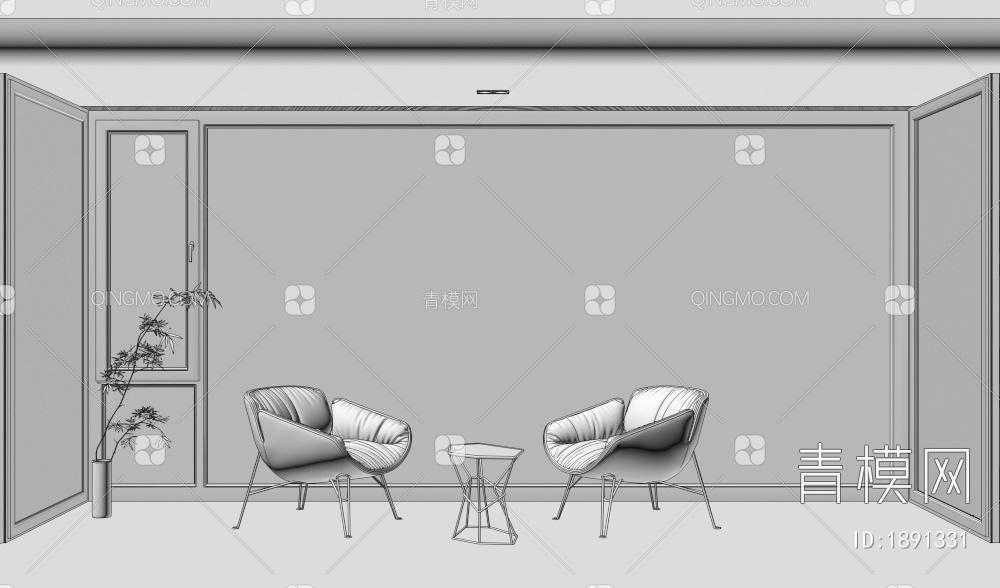 阳台，落地窗，休闲椅，梦幻窗帘3D模型下载【ID:1891331】