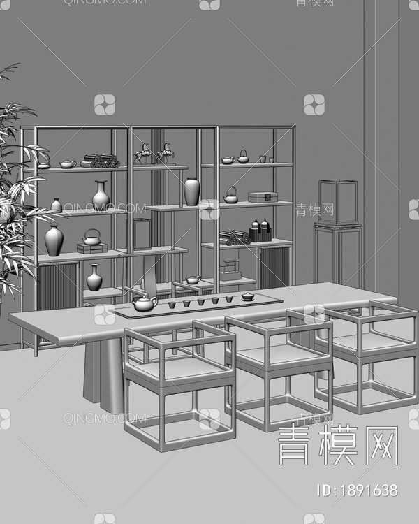 茶室 茶台 博古架 绿植3D模型下载【ID:1891638】