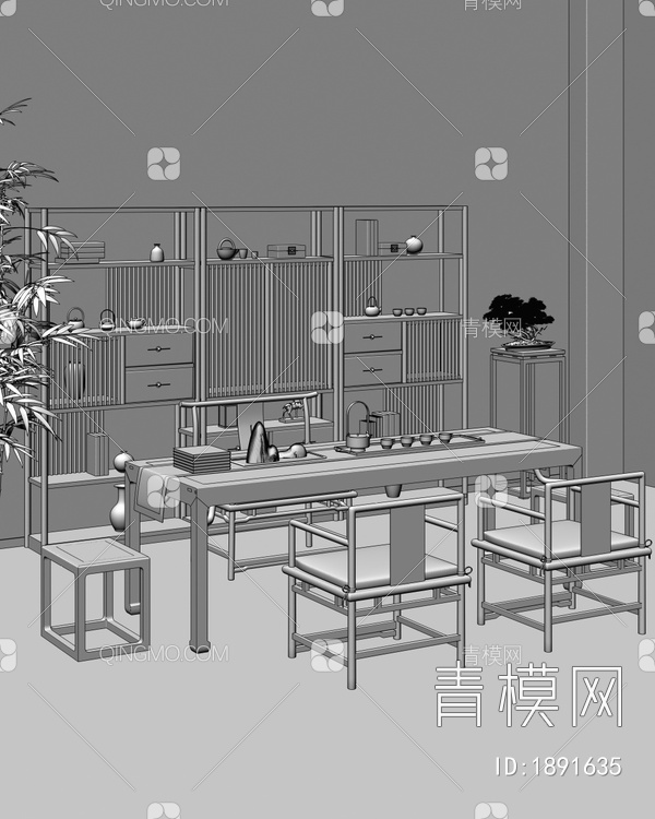 茶室 茶台 博古架 绿植3D模型下载【ID:1891635】