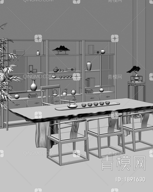 茶室 茶台 博古架 绿植3D模型下载【ID:1891630】