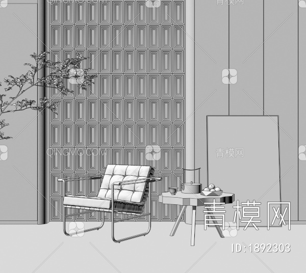 休息区，背景墙，单人椅子，极简3D模型下载【ID:1892303】