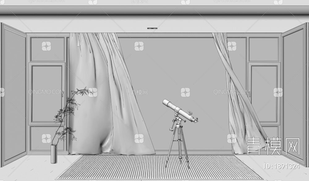 阳台，落地窗，摆件，纱帘3D模型下载【ID:1891324】