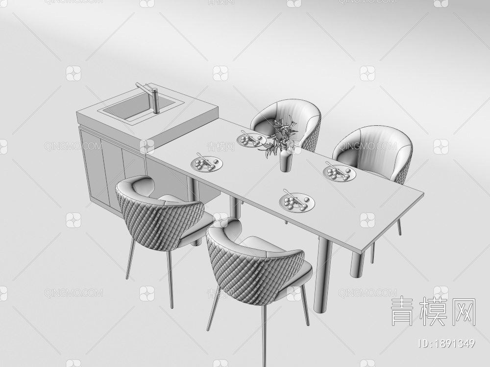 餐桌，岛台，吧台，吧台椅组合3D模型下载【ID:1891349】