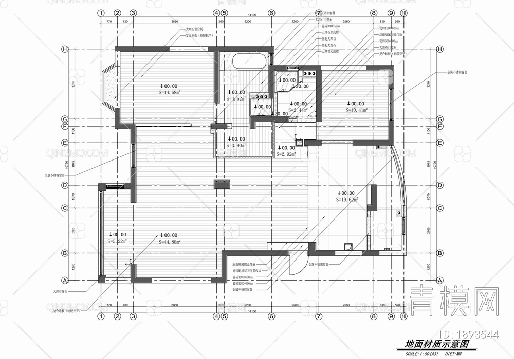 130㎡平层家装室内施工图 家装 私宅 平层 两居室 样板房【ID:1893544】