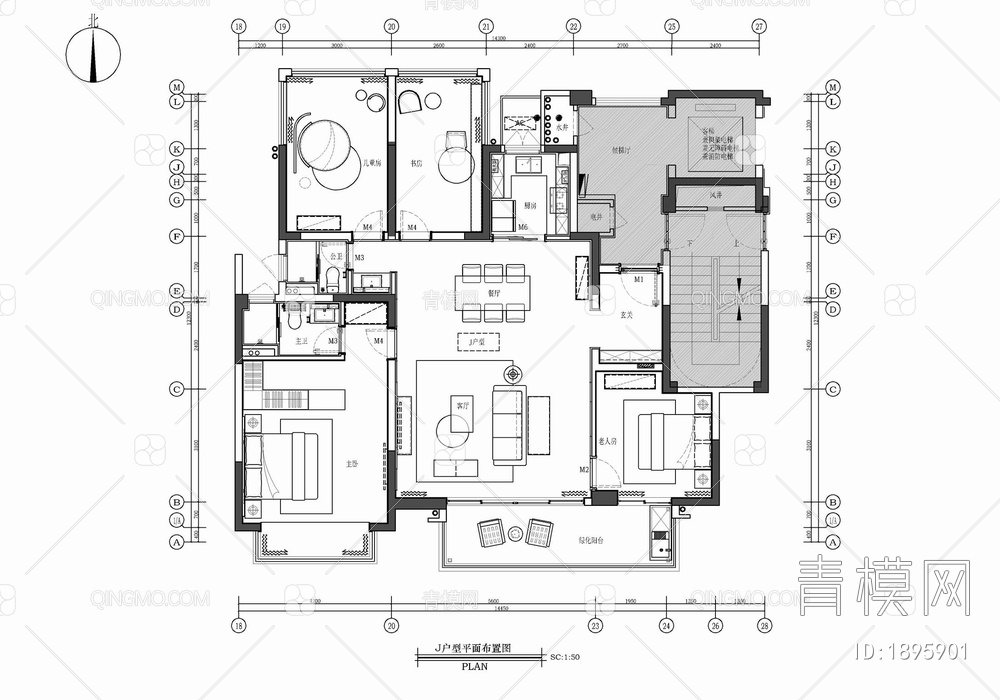 130㎡四居室家装样板间室内施工图 家装 私宅 平层 四居室 样板间【ID:1895901】