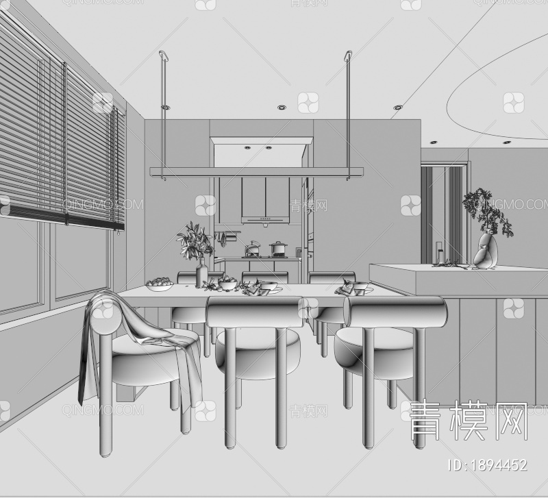 餐厅，酒柜，入户，餐桌，厨房3D模型下载【ID:1894452】