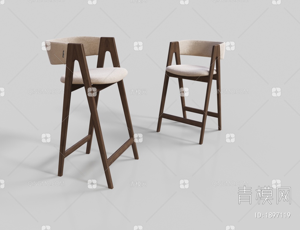 灰色奶咖色单椅 吧台椅3D模型下载【ID:1897119】