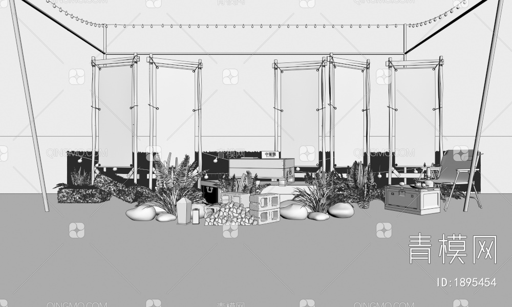 露营 露营美陈 露营景观 户外露营美陈打卡 旗子 露营椅子 露营公园 绿植堆 旧箱子(2018)3D模型下载【ID:1895454】
