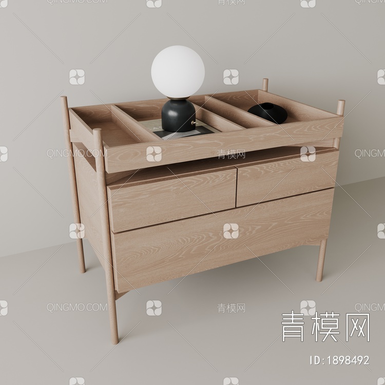 实木边几，床头柜3D模型下载【ID:1898492】