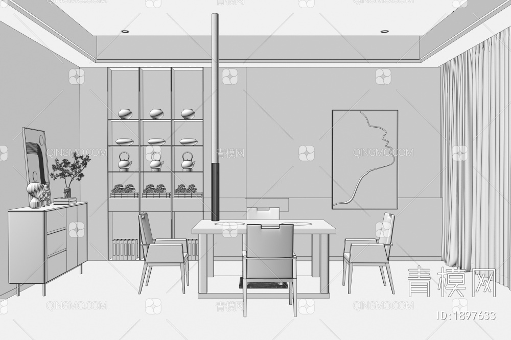 茶室、火炉、边柜、茶室背景墙3D模型下载【ID:1897633】
