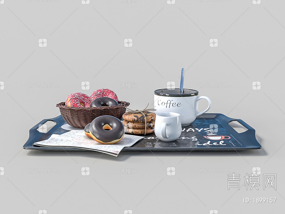 食物 饮料 酥饼 面包圈 咖啡杯 托盘3D模型下载【ID:1899157】