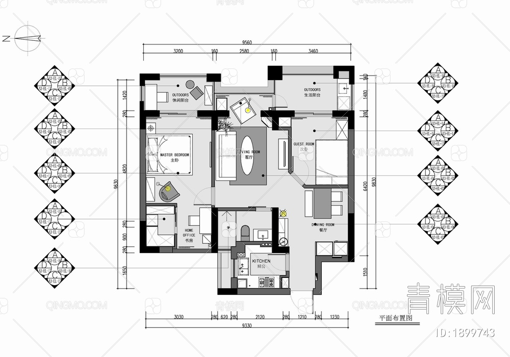 90㎡家装两居室平层室内施工图 家装 私宅 平层 样板间 两居室【ID:1899743】