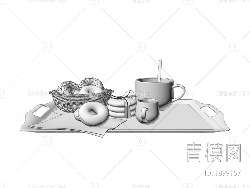 食物 饮料 酥饼 面包圈 咖啡杯 托盘3D模型下载【ID:1899157】