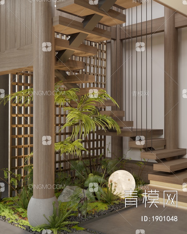 民宿室内造景 楼梯下造景 庭院景观  植物球灯造景 木结构楼梯造景3D模型下载【ID:1901048】