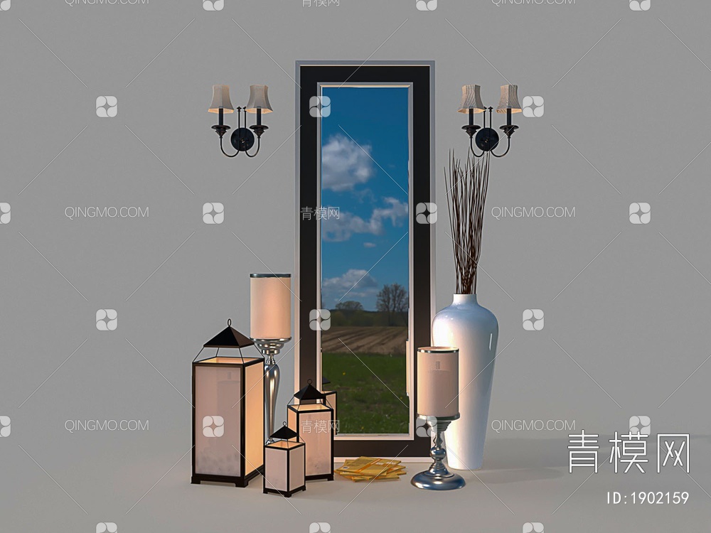 镜子 壁灯 台灯 瓷器摆件集合3D模型下载【ID:1902159】