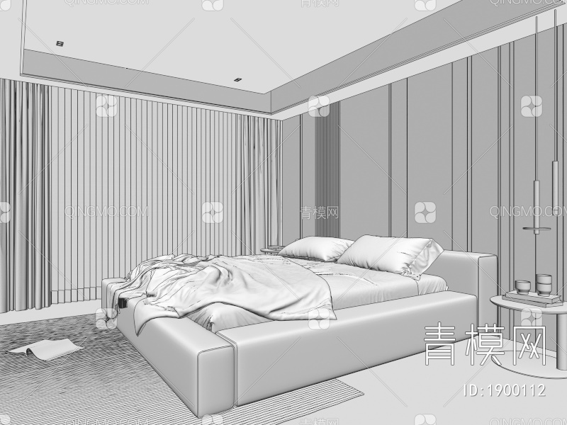 卧室 暗黑卧室 极简卧室 床 床头吊灯 床头柜 暗黑床3D模型下载【ID:1900112】