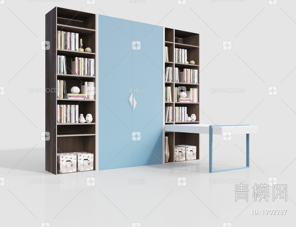 一体式儿童书柜 衣柜 书桌3D模型下载【ID:1902287】