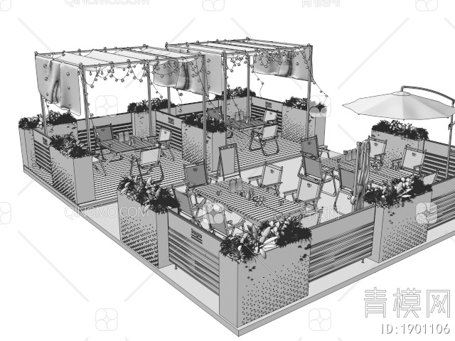 户外桌椅组合 商业外摆区 咖啡厅外摆 遮阳伞 花坛花箱3D模型下载【ID:1901106】