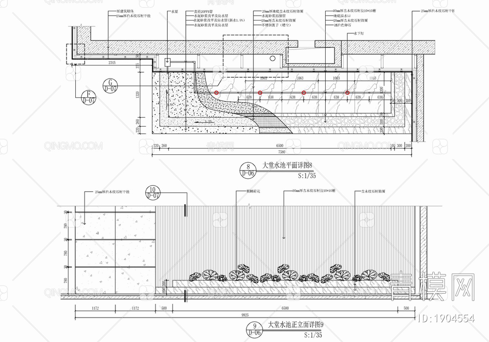 荷花池水景平立剖节点大样详图 水景大样 水池节点 荷花详图【ID:1904554】