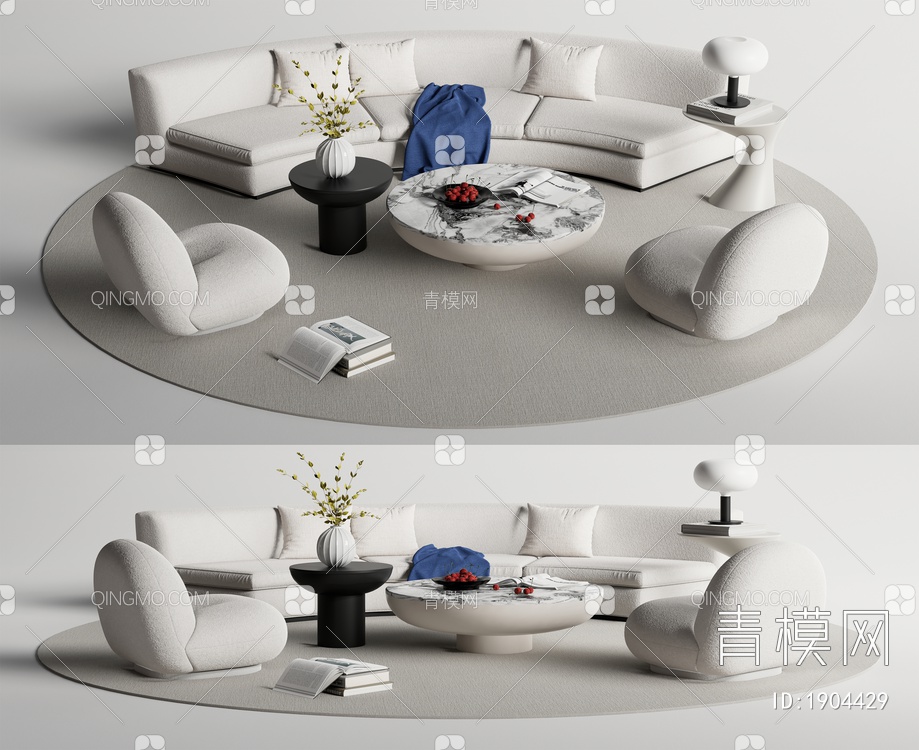 Gubi多人沙发茶几组合 弧形沙发 地毯3D模型下载【ID:1904429】