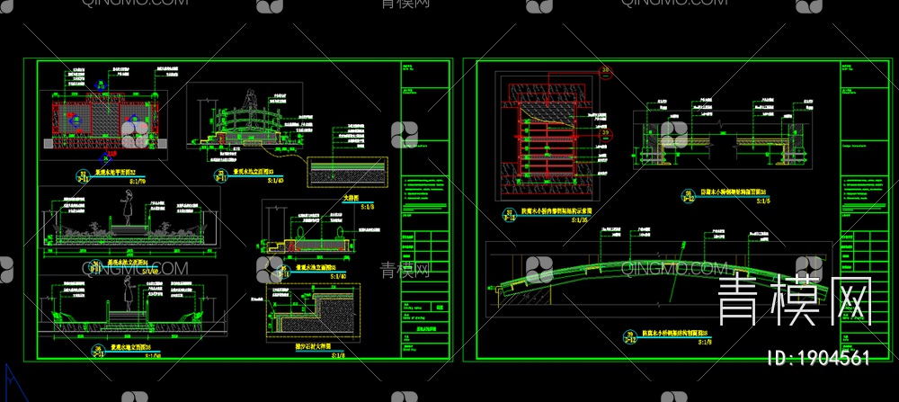室内小桥流水池小景观施工详图 户外木钢架桥 水池 室内景观 室内水景【ID:1904561】