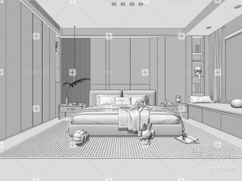 家居卧室 卧室 双人床 衣柜 主卧 床头柜  奶油风3D模型下载【ID:1903594】