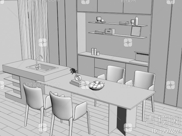 家居餐厅，餐边柜，餐桌岛台一体3D模型下载【ID:1902602】