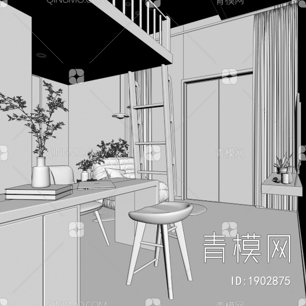 单身公寓 客餐厅3D模型下载【ID:1902875】