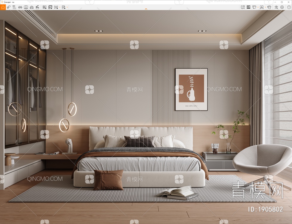 奶油风卧室SU模型下载【ID:1905802】