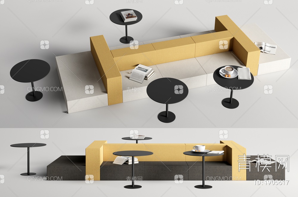 办公休息区卡座沙发 组合沙发 洽谈桌椅3D模型下载【ID:1905617】