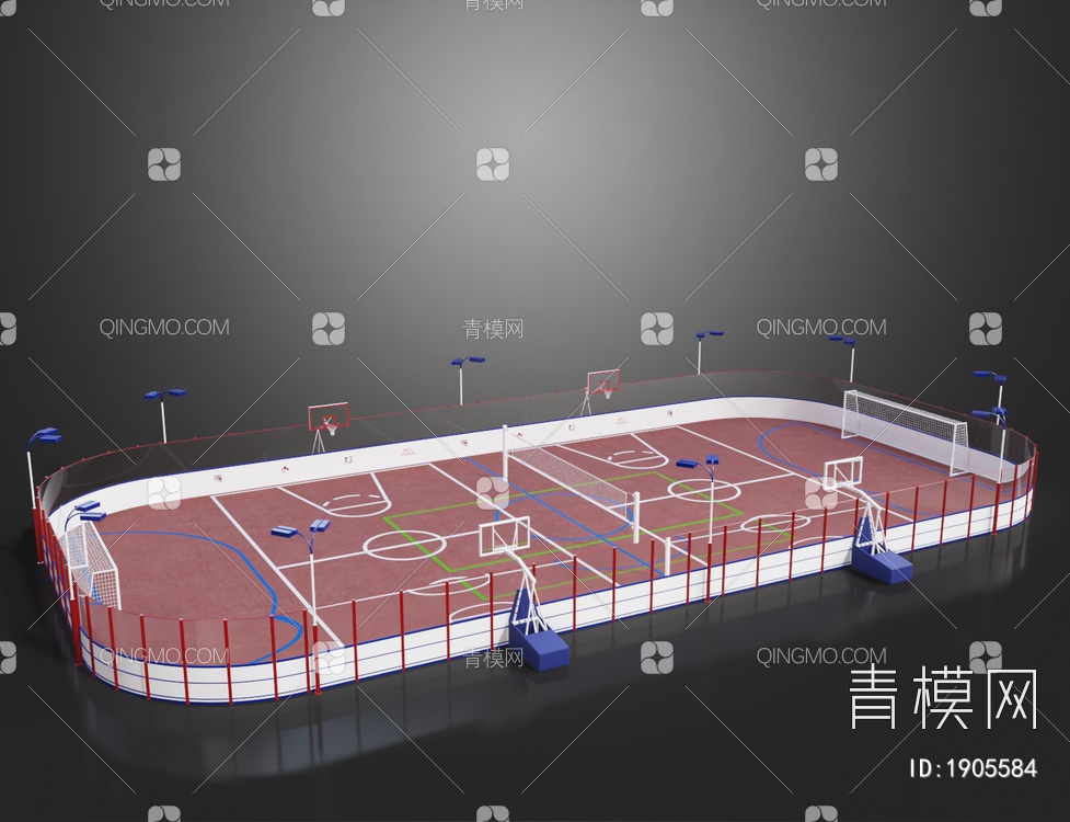 多功能运动场 篮球场3D模型下载【ID:1905584】