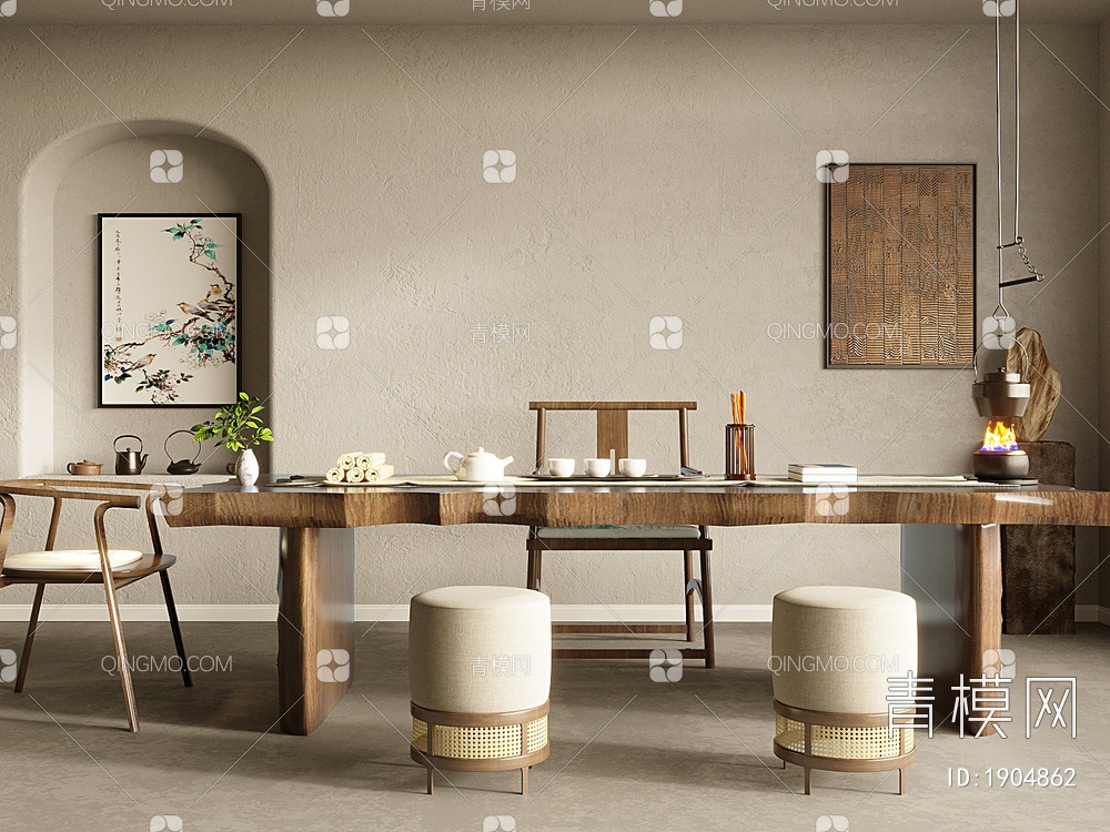 茶室，茶桌椅，茶具3D模型下载【ID:1904862】